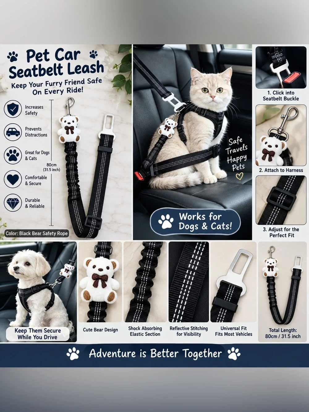 Pet Car Seat Belt Leash Dog Cat Safety Restraint Reflective Teddy Bear Black